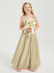 Long Chiffon Junior Bridesmaid Dresses Bowknot Spaghetti Straps Champagne