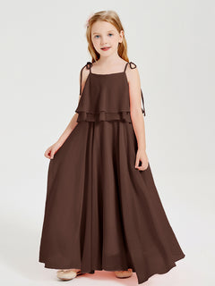 Long Chiffon Junior Bridesmaid Dresses Bowknot Spaghetti Straps Chocolate