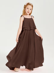 Long Chiffon Junior Bridesmaid Dresses Bowknot Spaghetti Straps Chocolate
