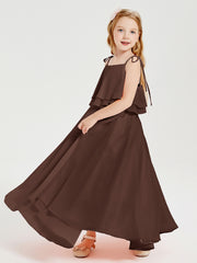 Long Chiffon Junior Bridesmaid Dresses Bowknot Spaghetti Straps Chocolate