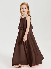 Long Chiffon Junior Bridesmaid Dresses Bowknot Spaghetti Straps Chocolate