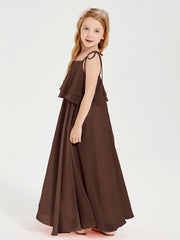 Long Chiffon Junior Bridesmaid Dresses Bowknot Spaghetti Straps Chocolate