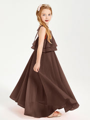 Long Chiffon Junior Bridesmaid Dresses Bowknot Spaghetti Straps Chocolate
