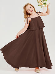 Long Chiffon Junior Bridesmaid Dresses Bowknot Spaghetti Straps Chocolate