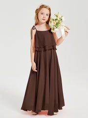 Long Chiffon Junior Bridesmaid Dresses Bowknot Spaghetti Straps Chocolate