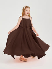 Long Chiffon Junior Bridesmaid Dresses Bowknot Spaghetti Straps Chocolate