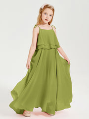 Long Chiffon Junior Bridesmaid Dresses Bowknot Spaghetti Straps Clover