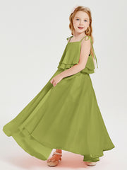 Long Chiffon Junior Bridesmaid Dresses Bowknot Spaghetti Straps Clover