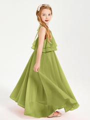 Long Chiffon Junior Bridesmaid Dresses Bowknot Spaghetti Straps Clover