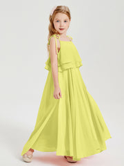 Long Chiffon Junior Bridesmaid Dresses Bowknot Spaghetti Straps Daffodil