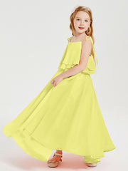 Long Chiffon Junior Bridesmaid Dresses Bowknot Spaghetti Straps Daffodil