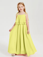 Long Chiffon Junior Bridesmaid Dresses Bowknot Spaghetti Straps Daffodil