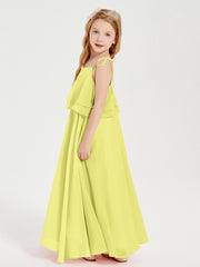 Long Chiffon Junior Bridesmaid Dresses Bowknot Spaghetti Straps Daffodil