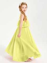 Long Chiffon Junior Bridesmaid Dresses Bowknot Spaghetti Straps Daffodil