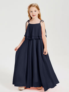 Long Chiffon Junior Bridesmaid Dresses Bowknot Spaghetti Straps Dark Navy