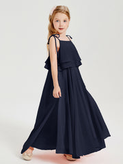 Long Chiffon Junior Bridesmaid Dresses Bowknot Spaghetti Straps Dark Navy