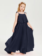Long Chiffon Junior Bridesmaid Dresses Bowknot Spaghetti Straps Dark Navy