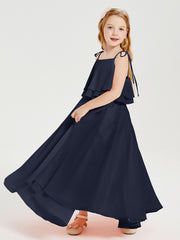 Long Chiffon Junior Bridesmaid Dresses Bowknot Spaghetti Straps Dark Navy