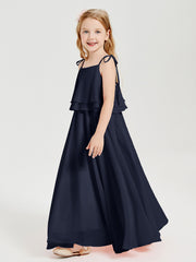 Long Chiffon Junior Bridesmaid Dresses Bowknot Spaghetti Straps Dark Navy