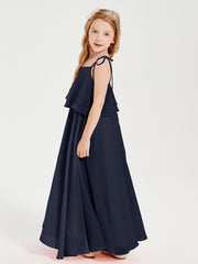 Long Chiffon Junior Bridesmaid Dresses Bowknot Spaghetti Straps Dark Navy