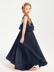 Long Chiffon Junior Bridesmaid Dresses Bowknot Spaghetti Straps Dark Navy