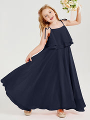 Long Chiffon Junior Bridesmaid Dresses Bowknot Spaghetti Straps Dark Navy