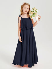 Long Chiffon Junior Bridesmaid Dresses Bowknot Spaghetti Straps Dark Navy