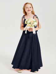 Long Chiffon Junior Bridesmaid Dresses Bowknot Spaghetti Straps Dark Navy