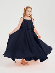 Long Chiffon Junior Bridesmaid Dresses Bowknot Spaghetti Straps Dark Navy