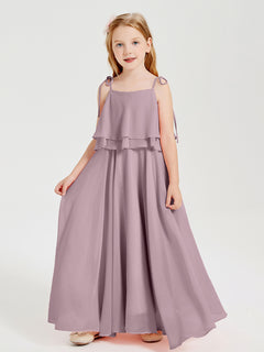 Long Chiffon Junior Bridesmaid Dresses Bowknot Spaghetti Straps Dusk