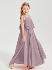 Long Chiffon Junior Bridesmaid Dresses Bowknot Spaghetti Straps Dusk
