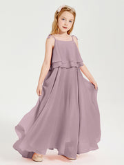 Long Chiffon Junior Bridesmaid Dresses Bowknot Spaghetti Straps Dusk