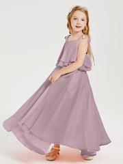 Long Chiffon Junior Bridesmaid Dresses Bowknot Spaghetti Straps Dusk