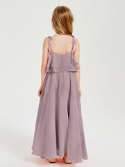 Long Chiffon Junior Bridesmaid Dresses Bowknot Spaghetti Straps Dusk