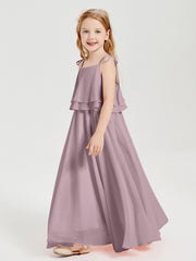 Long Chiffon Junior Bridesmaid Dresses Bowknot Spaghetti Straps Dusk