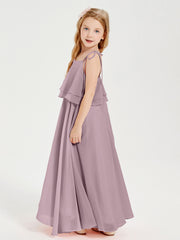 Long Chiffon Junior Bridesmaid Dresses Bowknot Spaghetti Straps Dusk