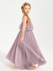 Long Chiffon Junior Bridesmaid Dresses Bowknot Spaghetti Straps Dusk