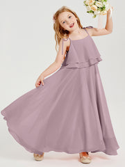 Long Chiffon Junior Bridesmaid Dresses Bowknot Spaghetti Straps Dusk