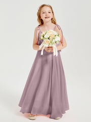 Long Chiffon Junior Bridesmaid Dresses Bowknot Spaghetti Straps Dusk