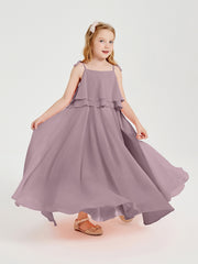 Long Chiffon Junior Bridesmaid Dresses Bowknot Spaghetti Straps Dusk
