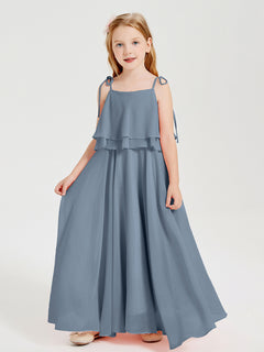 Long Chiffon Junior Bridesmaid Dresses Bowknot Spaghetti Straps Dusty Blue