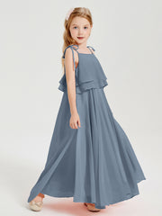 Long Chiffon Junior Bridesmaid Dresses Bowknot Spaghetti Straps Dusty Blue