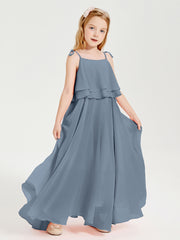 Long Chiffon Junior Bridesmaid Dresses Bowknot Spaghetti Straps Dusty Blue