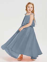 Long Chiffon Junior Bridesmaid Dresses Bowknot Spaghetti Straps Dusty Blue