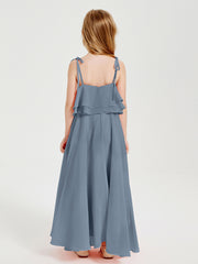 Long Chiffon Junior Bridesmaid Dresses Bowknot Spaghetti Straps Dusty Blue