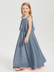 Long Chiffon Junior Bridesmaid Dresses Bowknot Spaghetti Straps Dusty Blue