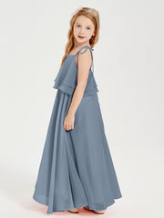 Long Chiffon Junior Bridesmaid Dresses Bowknot Spaghetti Straps Dusty Blue