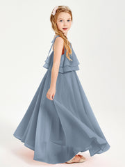 Long Chiffon Junior Bridesmaid Dresses Bowknot Spaghetti Straps Dusty Blue