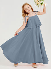 Long Chiffon Junior Bridesmaid Dresses Bowknot Spaghetti Straps Dusty Blue
