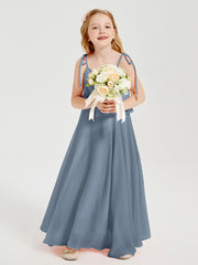 Long Chiffon Junior Bridesmaid Dresses Bowknot Spaghetti Straps Dusty Blue